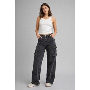 Madewell Low Slung Cargo Jeans Size 26 Black Wash Wide Leg Utility Denim